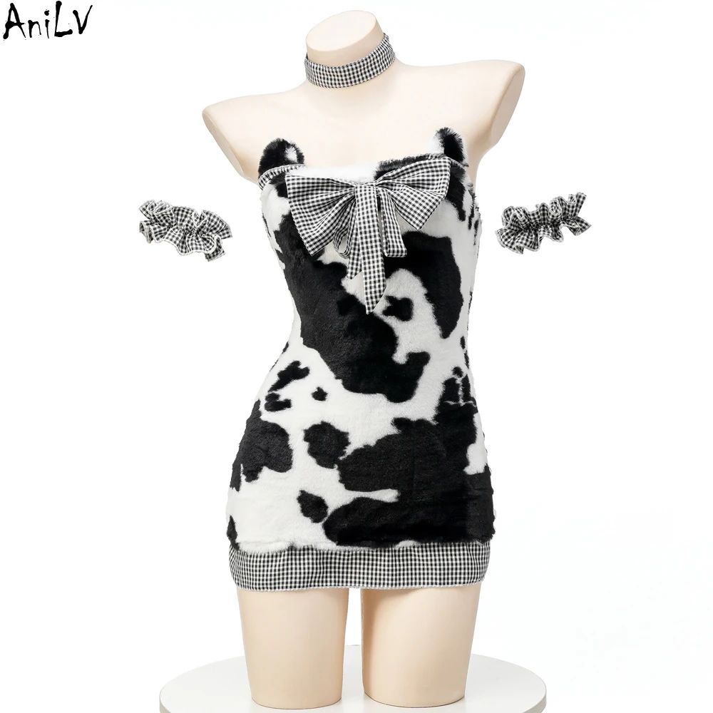 AniLV Cow Series Swimsuit Bodysuit Bikini Maid Unifrom Costume Summer Beach Kawaii Girl Swimwear Skirt Uniform Set Cosplay