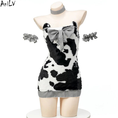 AniLV Cow Series Swimsuit Bodysuit Bikini Maid Unifrom Costume Summer Beach Kawaii Girl Swimwear Skirt Uniform Set Cosplay