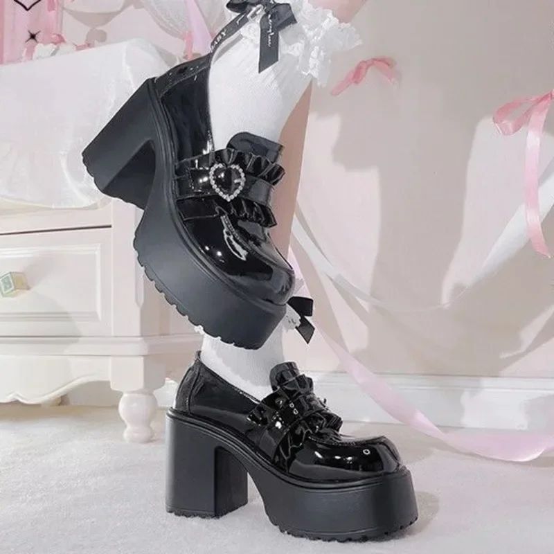 2025 Summer Sweet Bow Mary Janes: Women's Lolita Thick-soled Shoes, Block Heel, High Heel, Sweet-cool Style Leather Shoes