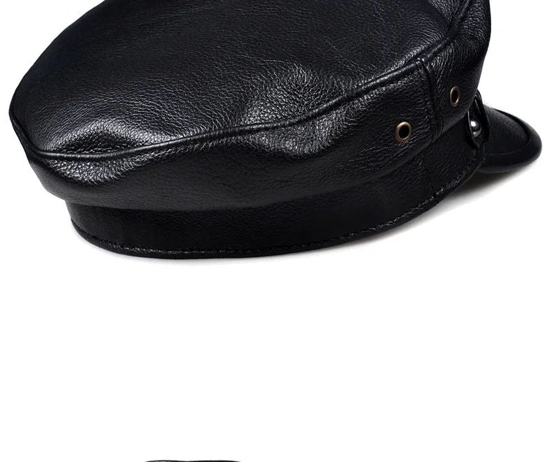 Chapéus Masculinos/Femininos de Inverno em Couro Genuíno Azul-Marinho Unissex Europeu/Americano Streetwear Bonés Pretos Ajustados com Cinto Outdoor Gorro