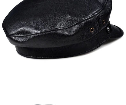 Chapéus Masculinos/Femininos de Inverno em Couro Genuíno Azul-Marinho Unissex Europeu/Americano Streetwear Bonés Pretos Ajustados com Cinto Outdoor Gorro