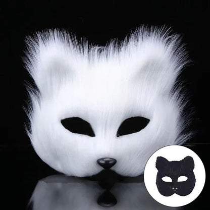 QQ Fluffy Fur and Face Mask Cosplay Halloween Fox Shape Half Face Eye Mask Sexy Cat Hair Animal Mask Christmas Carnival Party Co