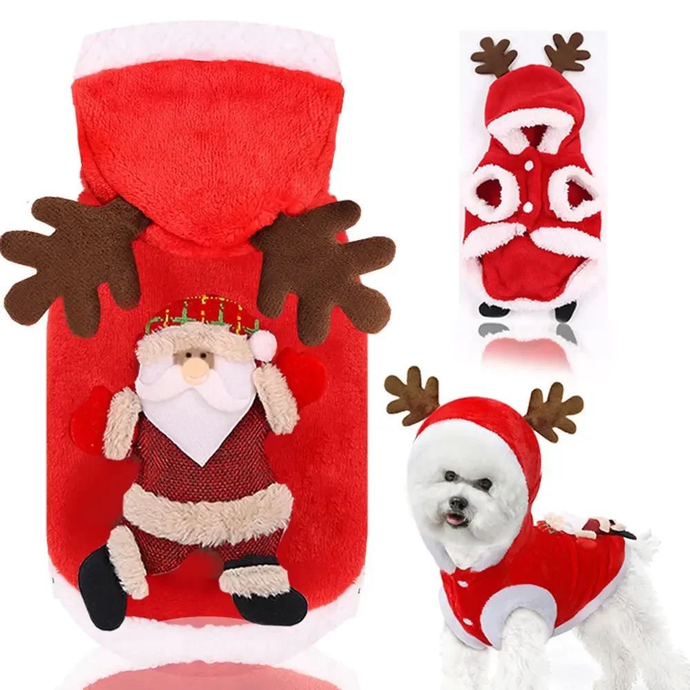 Roupa de Natal para Cães Roupa de Inverno Quente para Cães de Pequeno e Médio Porte Alce Papai Noel Cães Gatos Casaco Moletom Fantasia de Natal para Cães