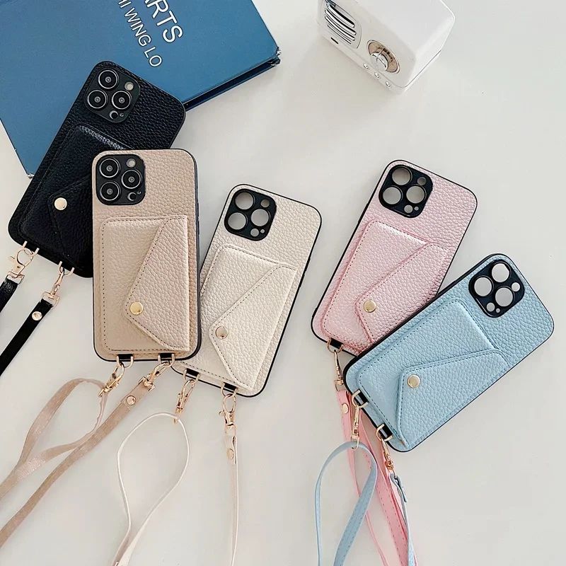 Capa de Couro com Alça Transversal e Suporte de Cartão para iPhone 17 Air 16 15 Plus 14 13 12 11 Pro Max