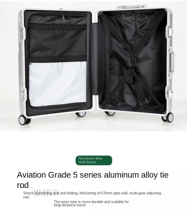 Aluminium Frame Suitcase Front Opening Cabin Luggage with USB Cup Holder Female Trolley Case Male Brake Wheel Travel Suitcase