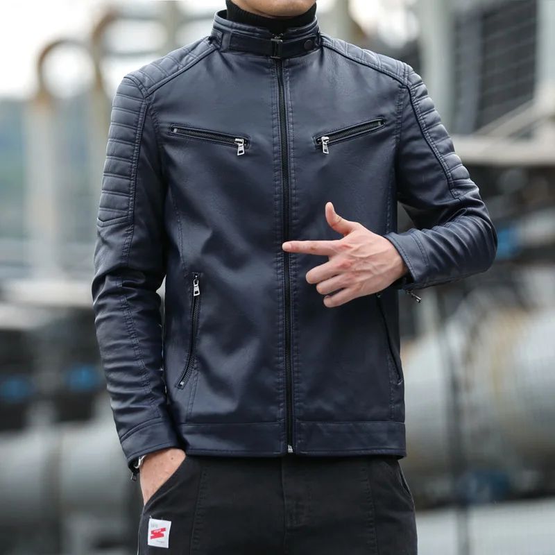 Men's Fleece Lined Biker Jacket Stand Collar Casual Versatile Spring Autumn Leather Coat for Students Fashionable Outerwear