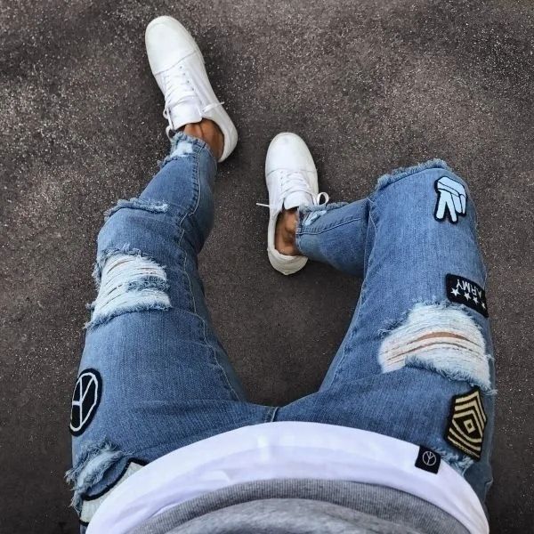 New Style Men's Hip Hop Slim Fit Jeans You And Smooths Your Silhouette Ripped Small Footwear Amazon WISH Badge Plus Size Jeans N
