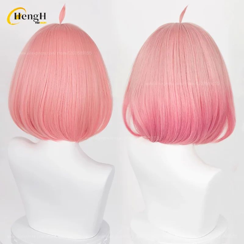 Pronta Entrega Anya Forger Peruca Sintética Anime Curta 37cm Rosa Gradiente Perucas de Cosplay Com Acessórios de Cabelo Resistente ao Calor Perucas de Halloween