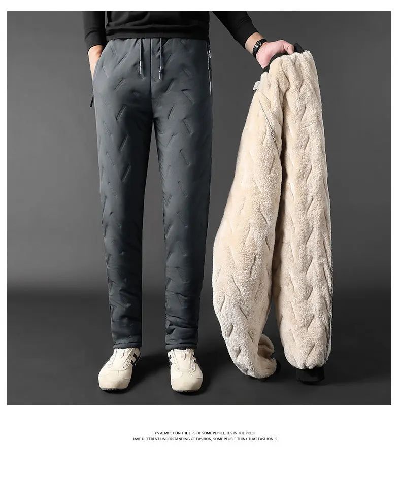 Calça Moletom Masculina Jogger Impermeável Forrada de Lã Grossa Calças de Treino Esportivas Quentes de Inverno com Zíper e Bolsos