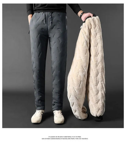 Calça Moletom Masculina Jogger Impermeável Forrada de Lã Grossa Calças de Treino Esportivas Quentes de Inverno com Zíper e Bolsos
