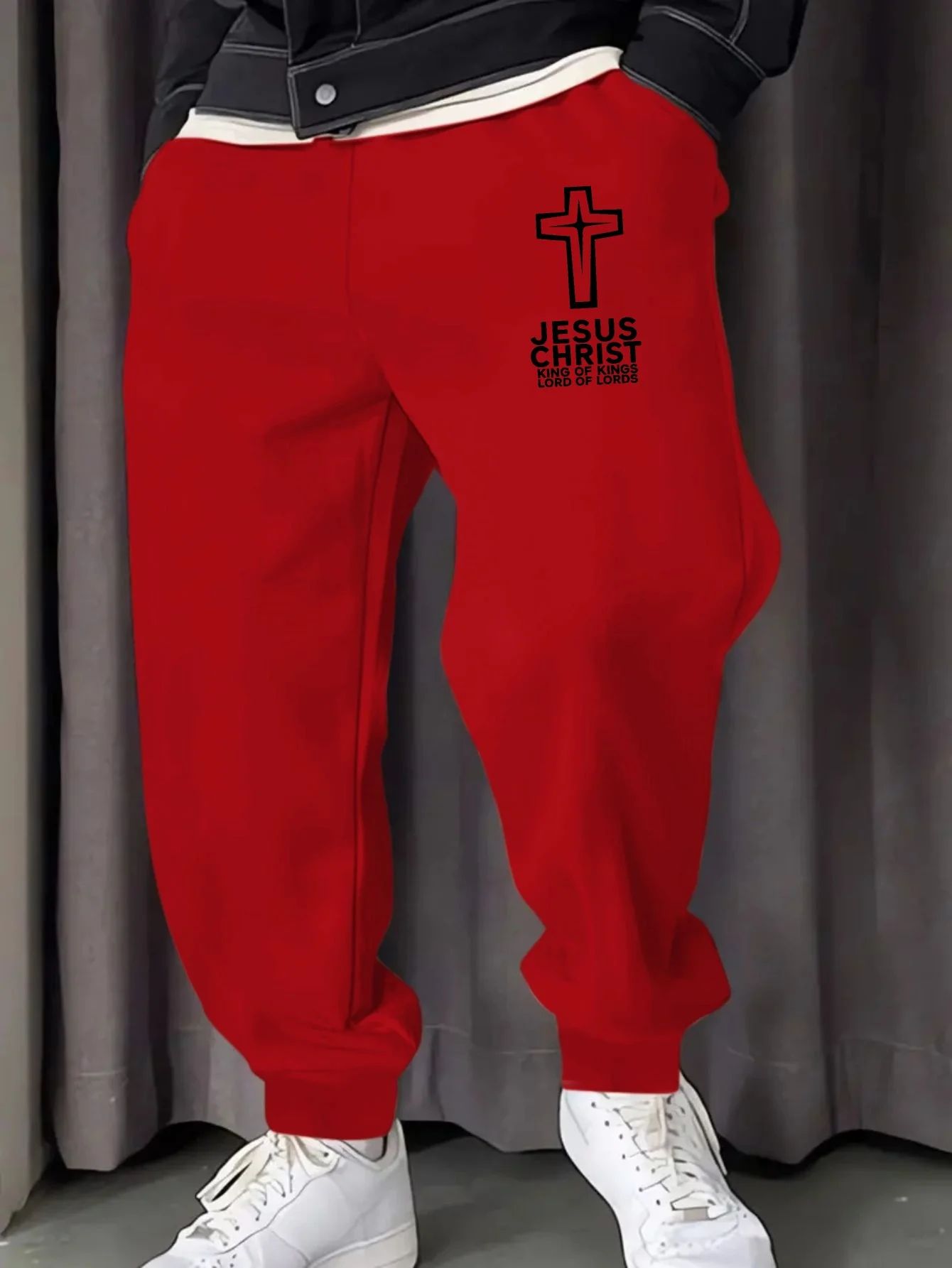 Calças de moletom masculinas com estampa de Jesus Cristo, calças casuais estampadas da moda com cordão, estampa de design de cruz, adequado para uso casual S-3X