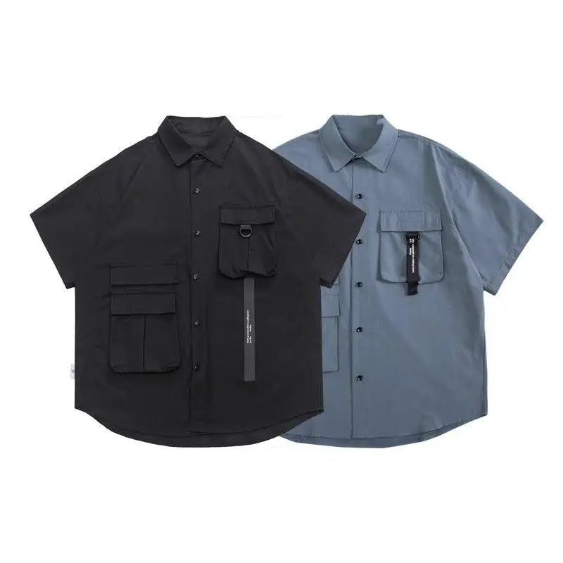 Stylish Y2k Men's Shirts Summer Korean Cargo Shirts for Men Black Multi-Pocket Hip Hop Men Clothing Punk Gothic Streetwear