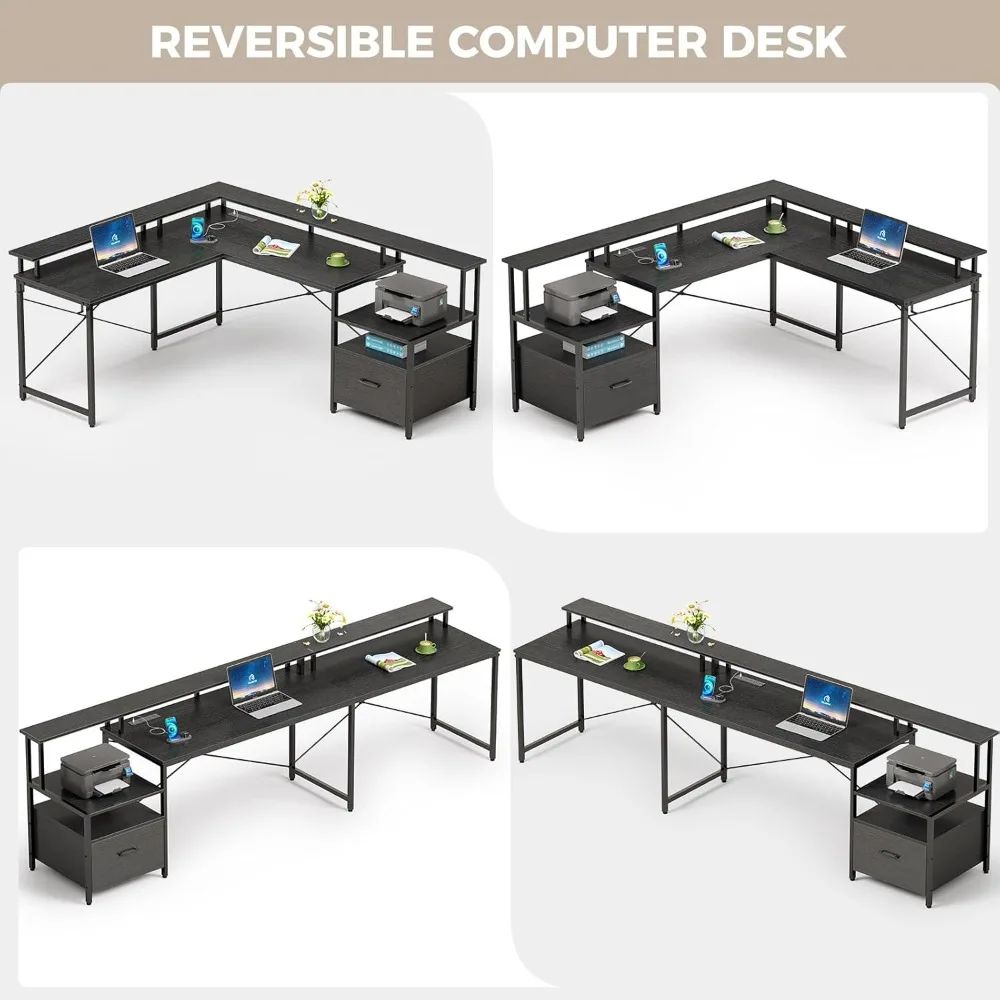 Computer Desk With File Drawer, 64" L Shaped Computer Corner Desk With Power Outlet & LED Strip, Home Office Desk With Monitor-H