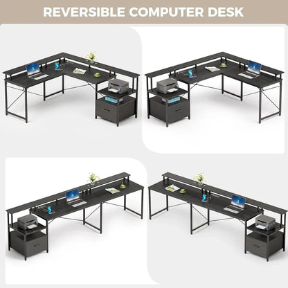 Computer Desk With File Drawer, 64" L Shaped Computer Corner Desk With Power Outlet & LED Strip, Home Office Desk With Monitor-H