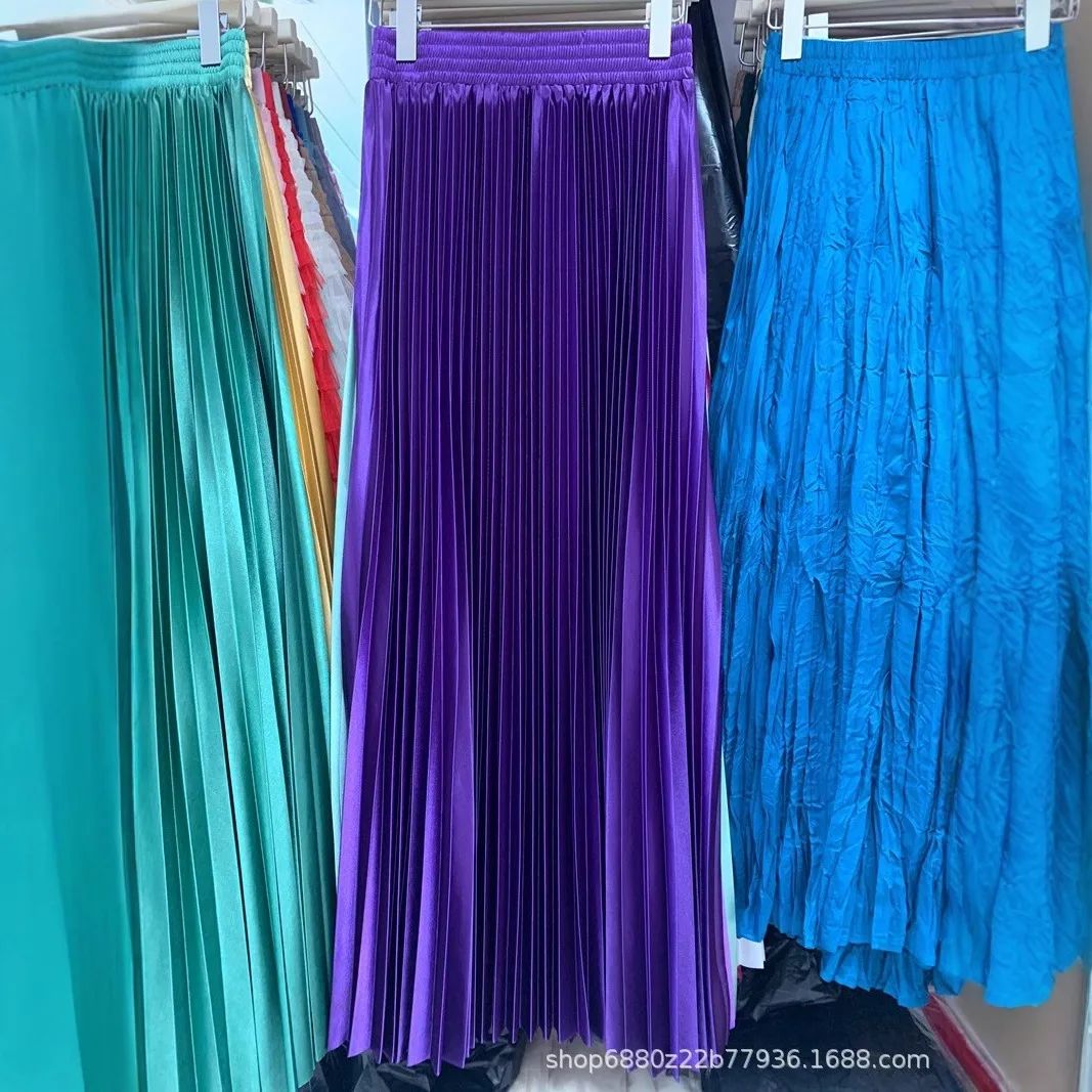 High Waist Satin Pleated Skirt 1 Meter Long Floor Length Pearl Glitter A- Line Umbrella Half Body Skirts Polyester Fiber