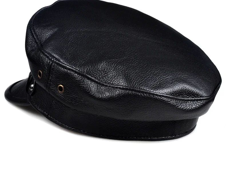 Chapéus Masculinos/Femininos de Inverno em Couro Genuíno Azul-Marinho Unissex Europeu/Americano Streetwear Bonés Pretos Ajustados com Cinto Outdoor Gorro