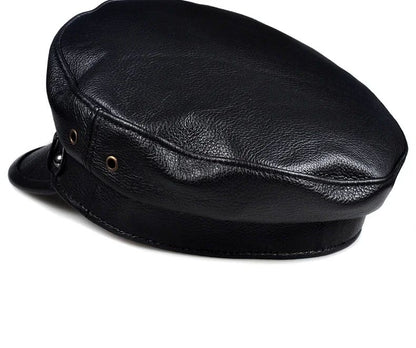 Chapéus Masculinos/Femininos de Inverno em Couro Genuíno Azul-Marinho Unissex Europeu/Americano Streetwear Bonés Pretos Ajustados com Cinto Outdoor Gorro