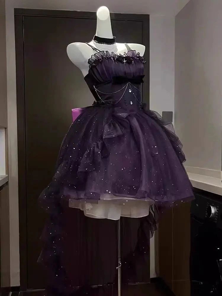 Gothic Y2k Sling Dress Women Harajuku Retro Tulle Ruffles Trim Christmas Party Outfit Grunge Aesthetic Sleeveless Elegant Wear