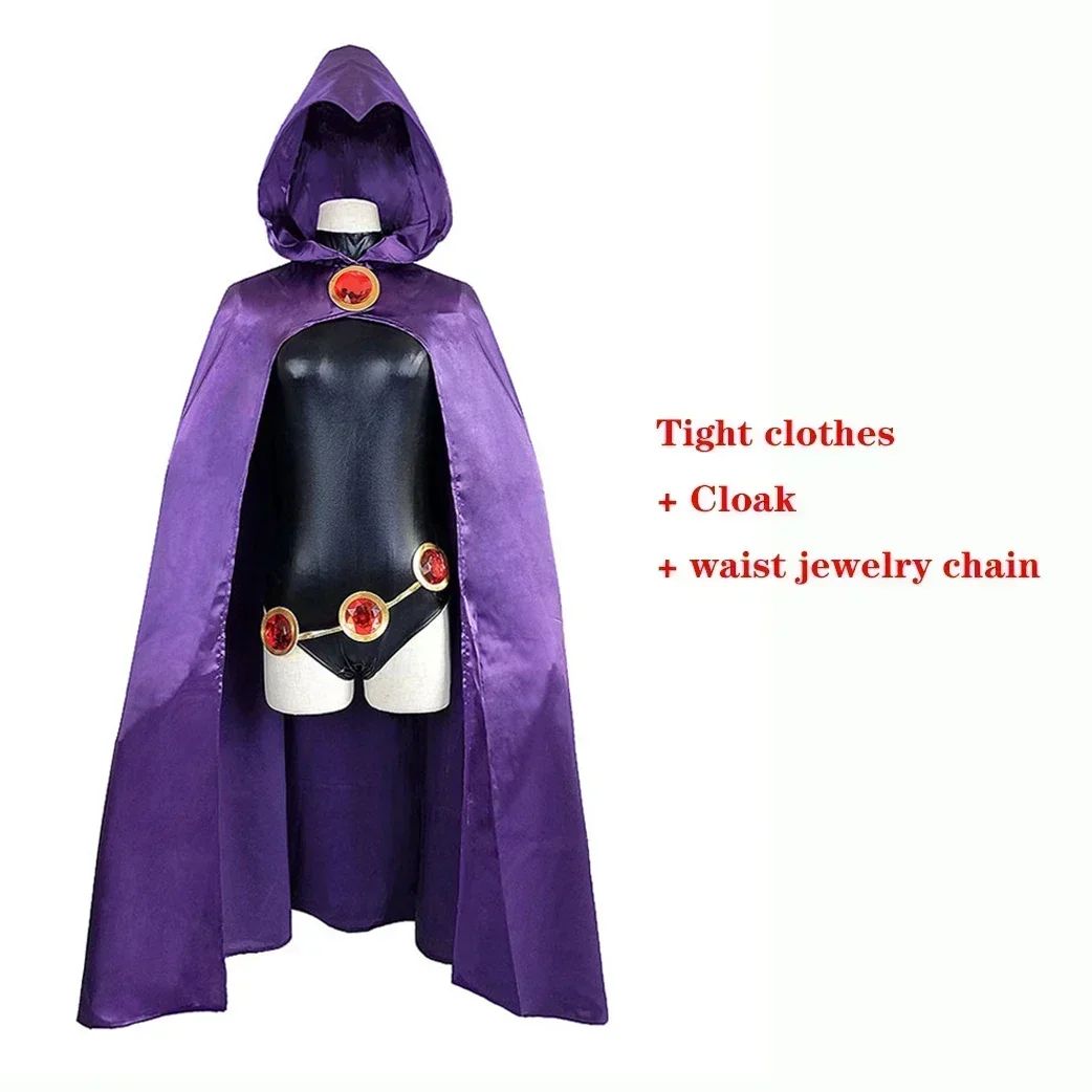 Teen  Raven Cosplay Costume Superhero Cloak Jumpsuits  Halloween Tight clothes + Cape + waist jewelry chain
