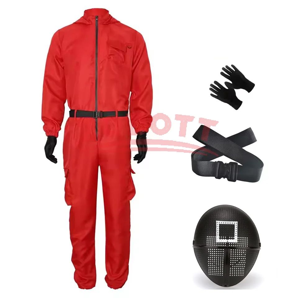 Adult Calamari Game Costume Guard Cosplay Jumpsuit Outfit Teenagers Tracksuit Hooded Overall Belt Gloves Mask Set Halloween