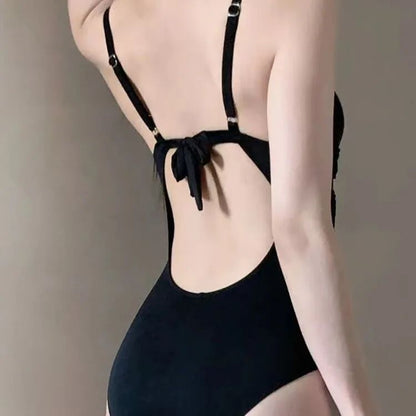 Sexy One-Piece Swimsuit Women Summer Hot Spring Conservative Personality Retro Cover-Up Slimming Solid Color Beach Gathered Swim