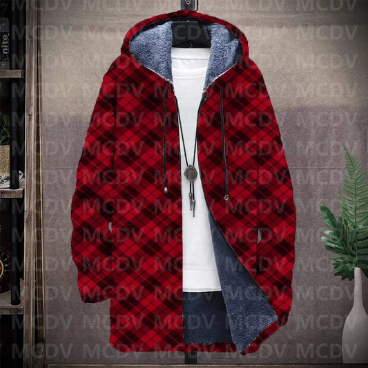 Men's Retro Print Plush Thick Long-Sleeved Coat Cardigan Christmas Grid Art 3D Prined Fleece  Overcoat Unisex Thick Warm Jacket