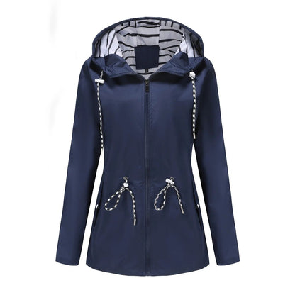 Blue Waterproof Hooded Jacket Women Fashion Casual Coat Waist Drawstring Tie Zipper Switch Red Green Yellow Black Windbreaker