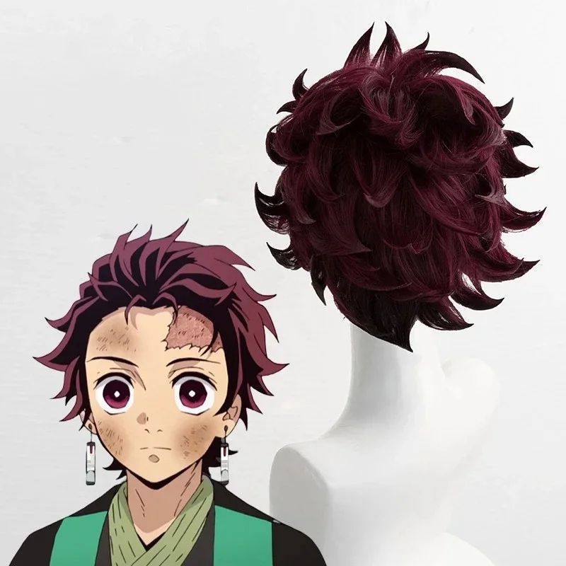 Anime Demon Moordenaar Kimetsu No Yaiba Tanjiro Kamado Cosplay Synthetic Wigs Korte Kastanjebruine Hittebestendige Haarpruiken