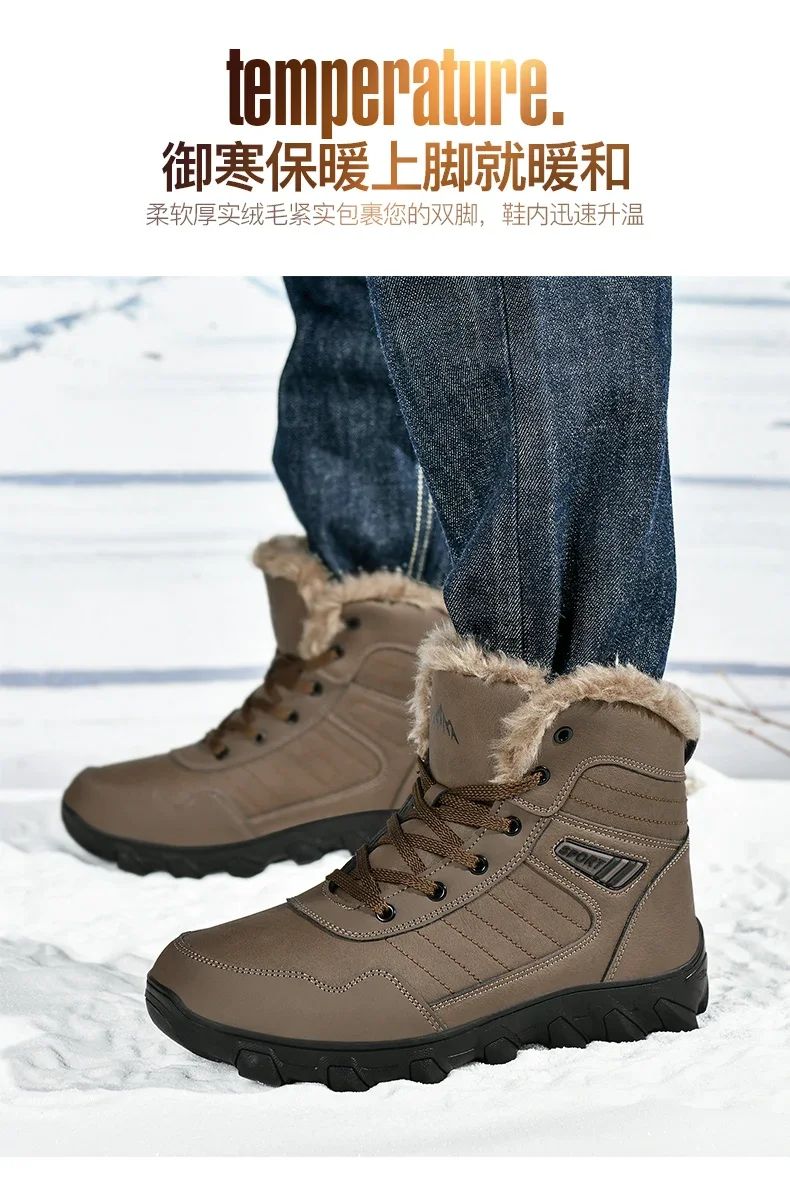 Calçados Masculinos 2025 Novas botas de inverno masculinas Pantufas Quentes Impermeáveis Antiderrapantes Tênis de pelúcia Botas de couro Masculinas Tamanho Plus 48
