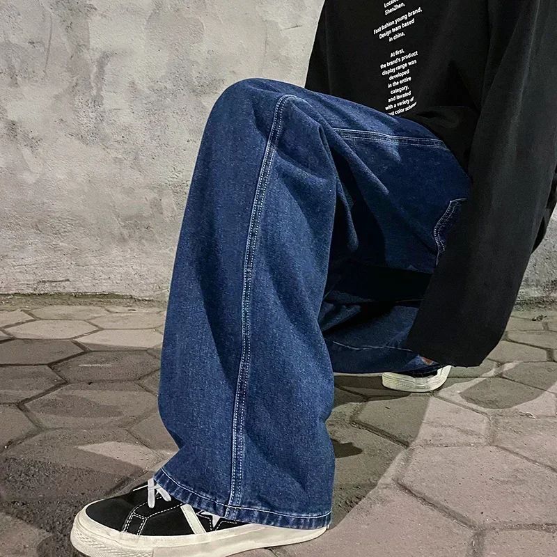 2025 New Streetwear Loose Jeans Men Korean Style Fashion Loose Straight Wide Leg Pants Men's Brand Clothing Black Light Blue