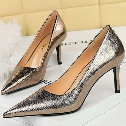 Spring Autumn New Women 7cm High Heels Fashion Retro Holiday Party Pumps Lady Gold Silver Daily Office Pointed Toe Low Heels