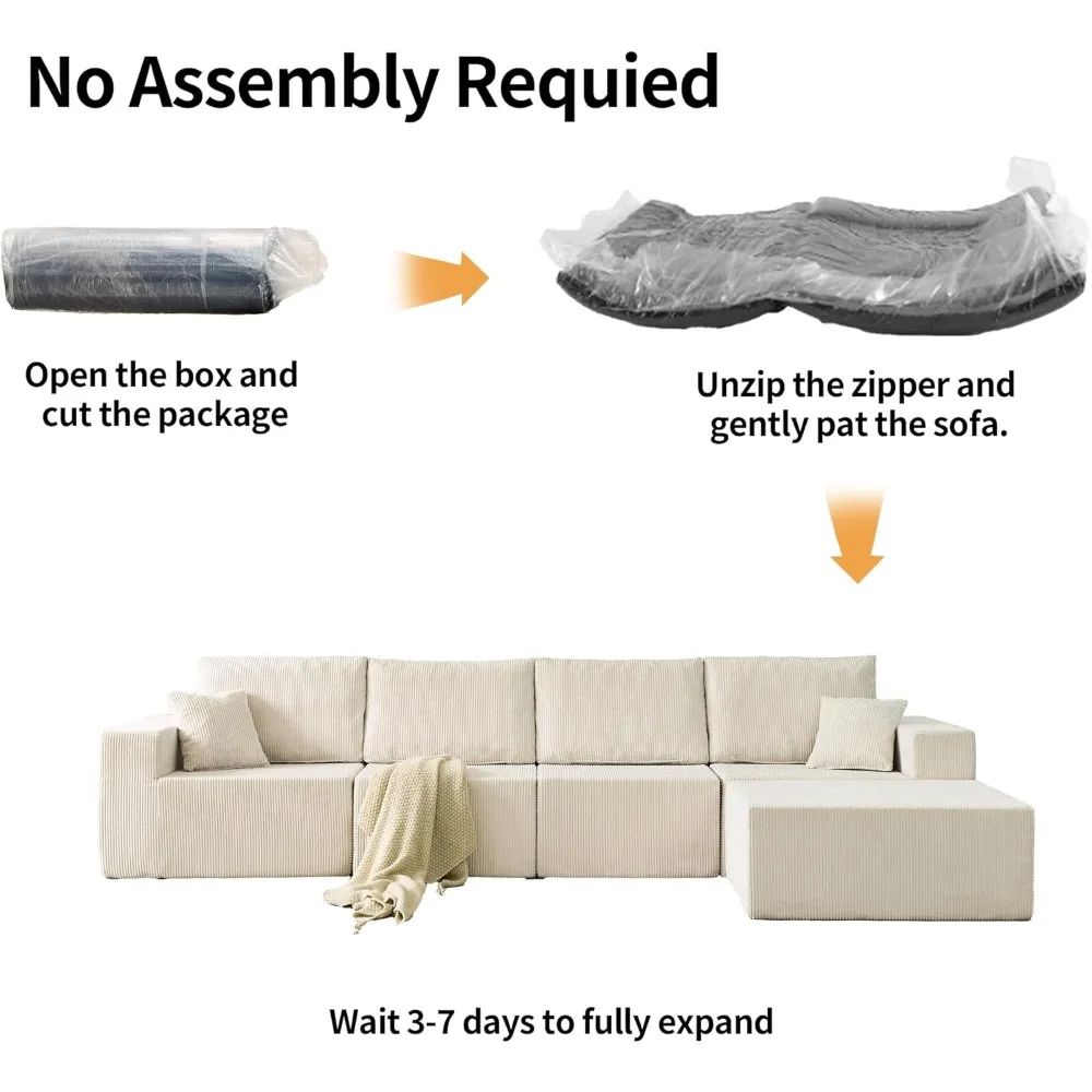 139.3" Luxury L-Shaped Modular Sofa – Corduroy Boneless Cloud Couch with Deep Seat, Movable Ottoman for Living Room