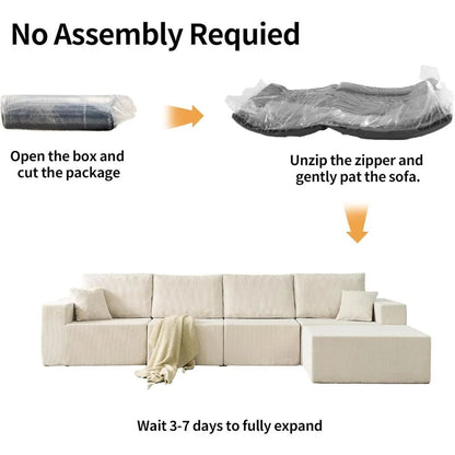 139.3" Luxury L-Shaped Modular Sofa – Corduroy Boneless Cloud Couch with Deep Seat, Movable Ottoman for Living Room