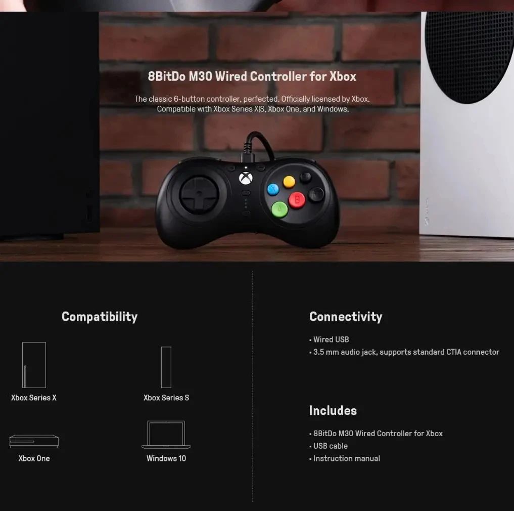 8BitDo M30 Gamepad Wired Controller for Xbox Series X|S, Xbox One, and Windows with 6-Button Layout - Officially Licensed