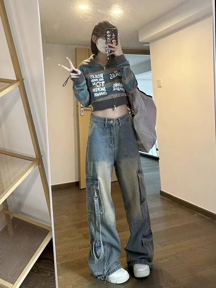 Female Jean Spliced Pockets Cargo Pants Washed Denim High Waist Full Length Jeans Loose Solid Basics Patchwork Distressed