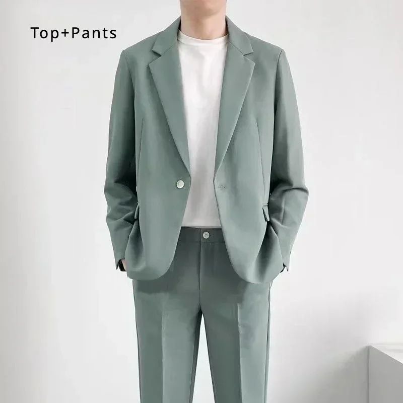 S-6XL Men's Business Casual Suit Korean Style Trendy Slim Fit 2 Piece Set Solid Color ?Blazer+ Pants )Groom Wedding Dress Party