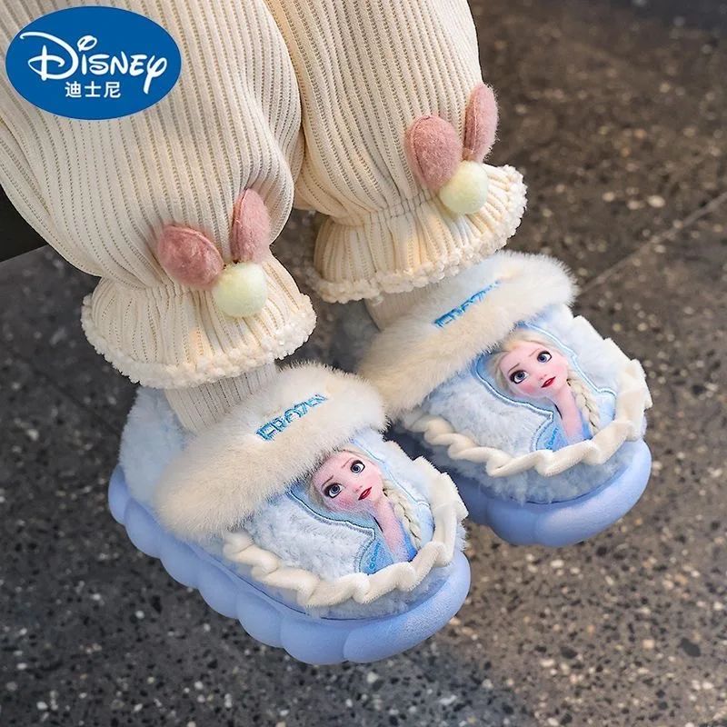 Chinelo de Algodão Infantil Inverno Princesa Disney Elsa Frozen Menina Antiderrapante Quente Para Bebê Rosa Azul Tamanho 26-35