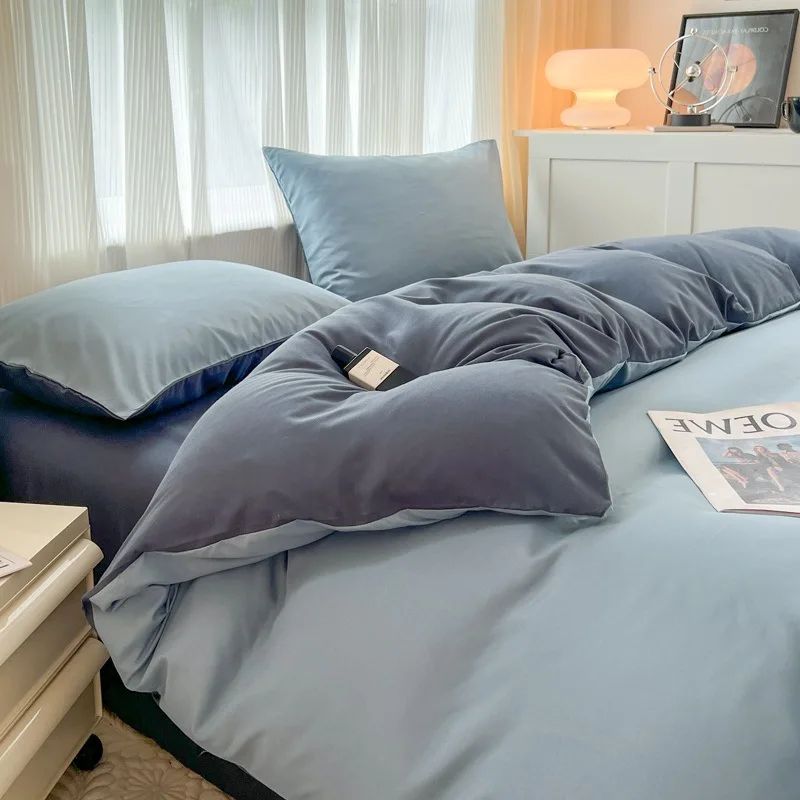 Conjunto de cama de cor sólida de quatro peças para crianças e adultos, cama de casal grande, conjunto de capa de edredom, lençol e capa de travesseiro de quatro peças