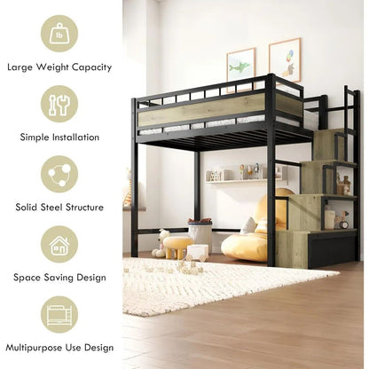 Twin Size Metal Loft Bed with Storage Stairs & Drawers Heavy-Duty Space-Saving Bed Frame for Teens And Juniors No Box Spring Nee