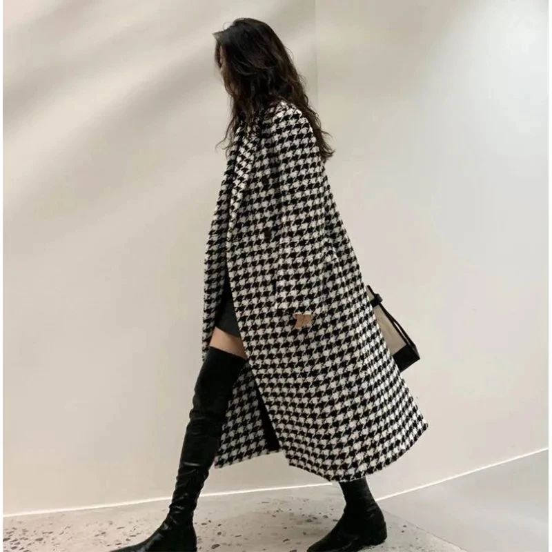 Women Autumn Winter Woolen Coat 2025 New Women Double Breasted Coat Korean Houndstooth Mid-Length Woolen Coat Lady Winter Jacket