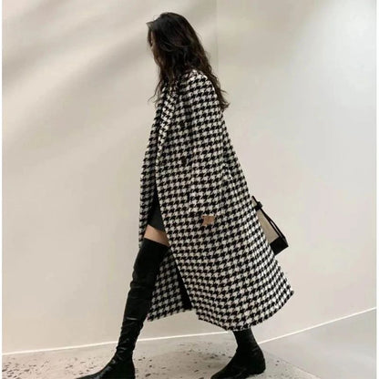 Women Autumn Winter Woolen Coat 2025 New Women Double Breasted Coat Korean Houndstooth Mid-Length Woolen Coat Lady Winter Jacket
