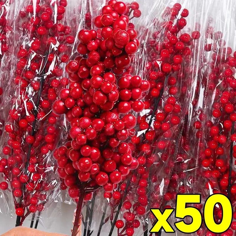 Christmas Artificial Red Berries Branch Fake Plants Flowers Holly Berry Stamen Wreath Ornaments for Xmas Tree Party Home Decor