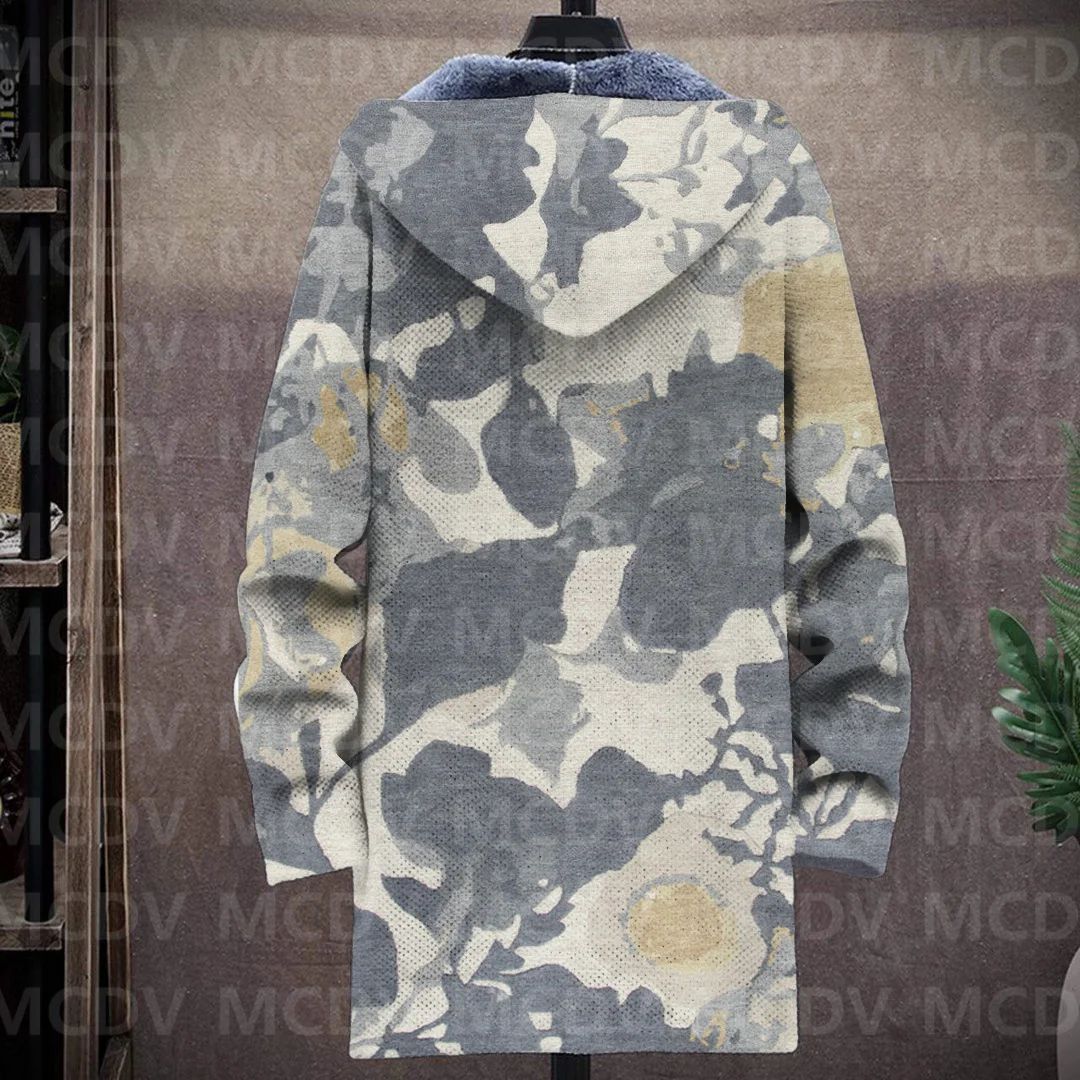 Men's Retro Flower Print Plush Thick Long-Sleeved Coat Fleece Hooded Overcoat Unisex Thick Warm Jacket-12 style