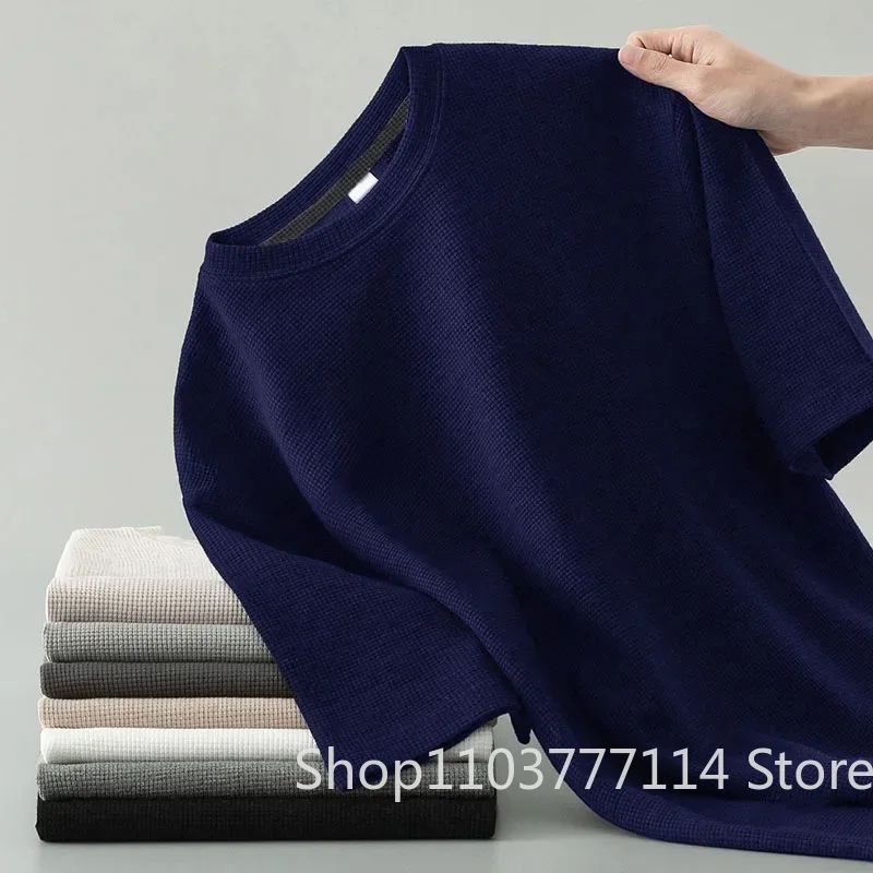 Korean Style Men Summer T-Shirt Man Short Sleeved Waffle Solid T-Shirt Color Casual Tee Round Men's Round Neck Fashion Top
