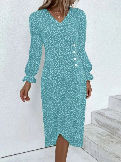 Elegant Floral Pleated H shaped Midi Dress Female V Neck Puff Sleeve Waist Ruche