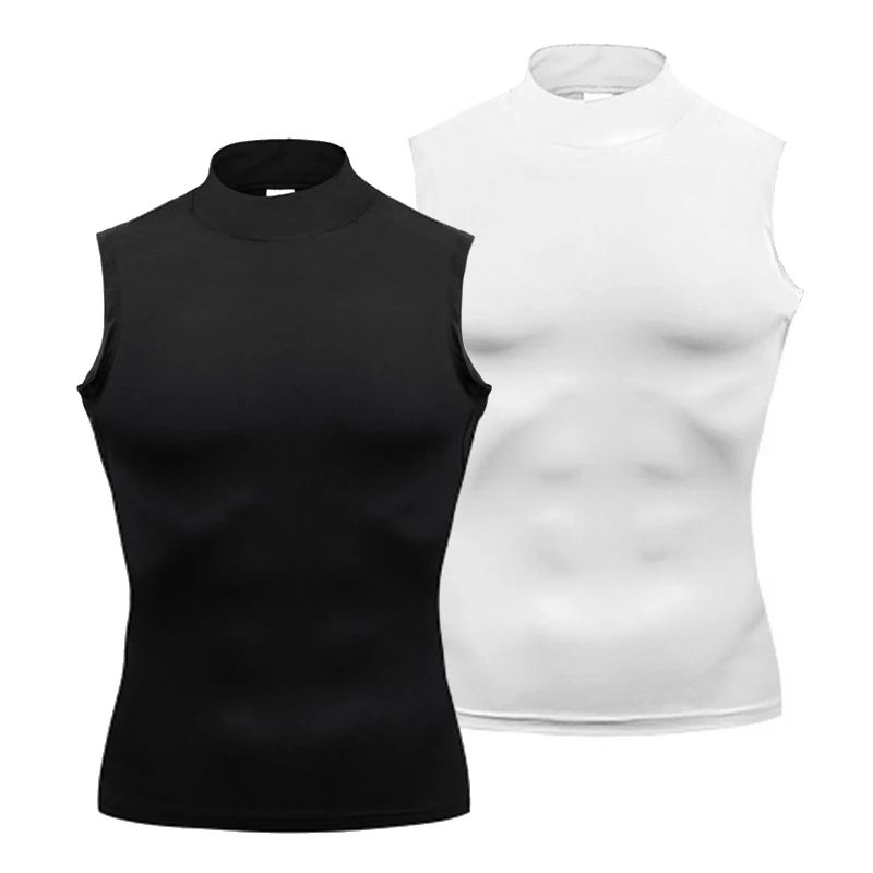 Training Exercise Sleeveless T-shirts Men Fitness Running Vests Turtleneck Elastic Quick Dry Compression Shirt Gym Tank Tops