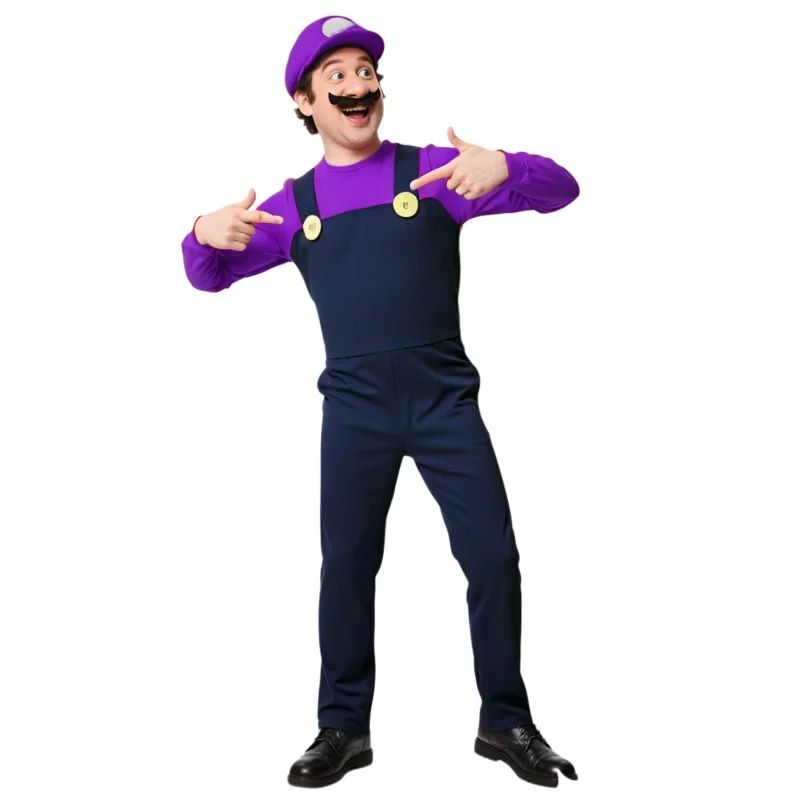 Men's Plumber Costume (Includes Hat, Gloves, Fake Beard) Halloween Cartoon Game Funny Outfit Red, Green, Yellow, Purple