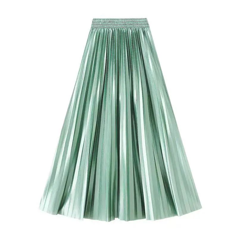 High Waist Satin Pleated Skirt 1 Meter Long Floor Length Pearl Glitter A- Line Umbrella Half Body Skirts Polyester Fiber