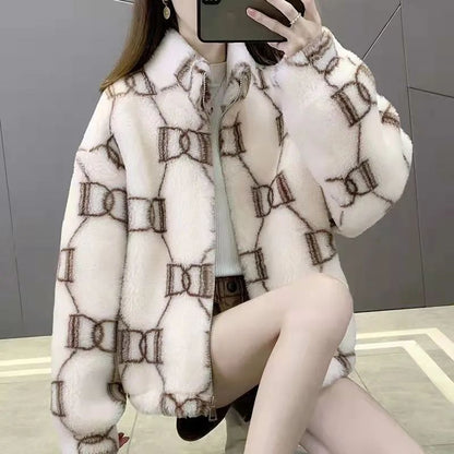 Ladies Thickened Cotton Lamb Fur Jacket Korean Style Winter Outerwear Loose Versatile Trendy Coat Warm Comfortable Soft Material