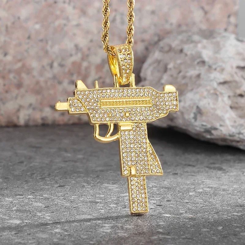 Pingente de Pistola com Gelo Cravejado Bling Colar de Metralhadora Masculino Personalidade Hip Hop Rock Punk Joia Legal para Festa de Rua Presente